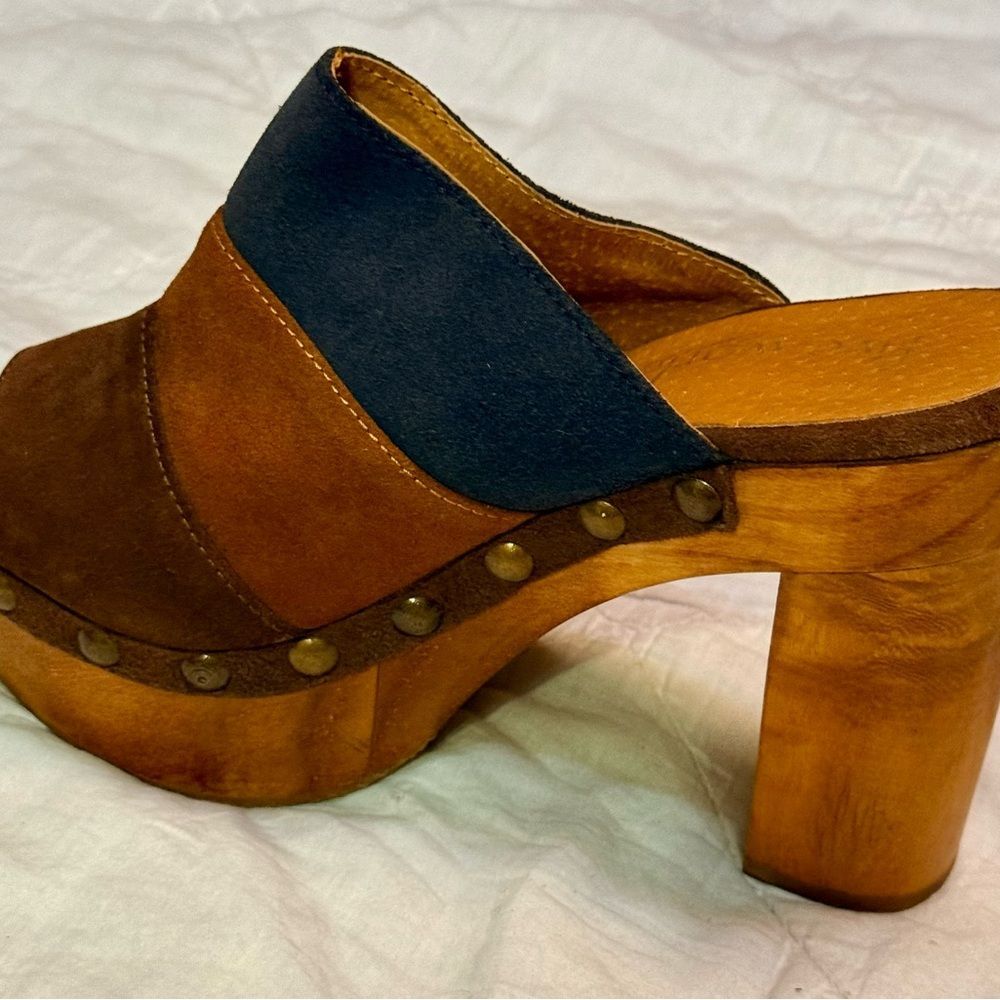 Five Worlds striped Suede platform clogs W/chunky wooden heels made in Mexico - Picture 3 of 9